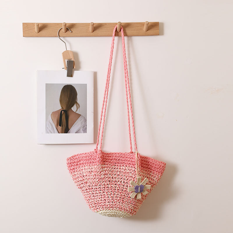 Sac en paille fleuri Sac en paille de couleur dégradée Sac tissé Sac de plage de vacances Sac à bandoulière