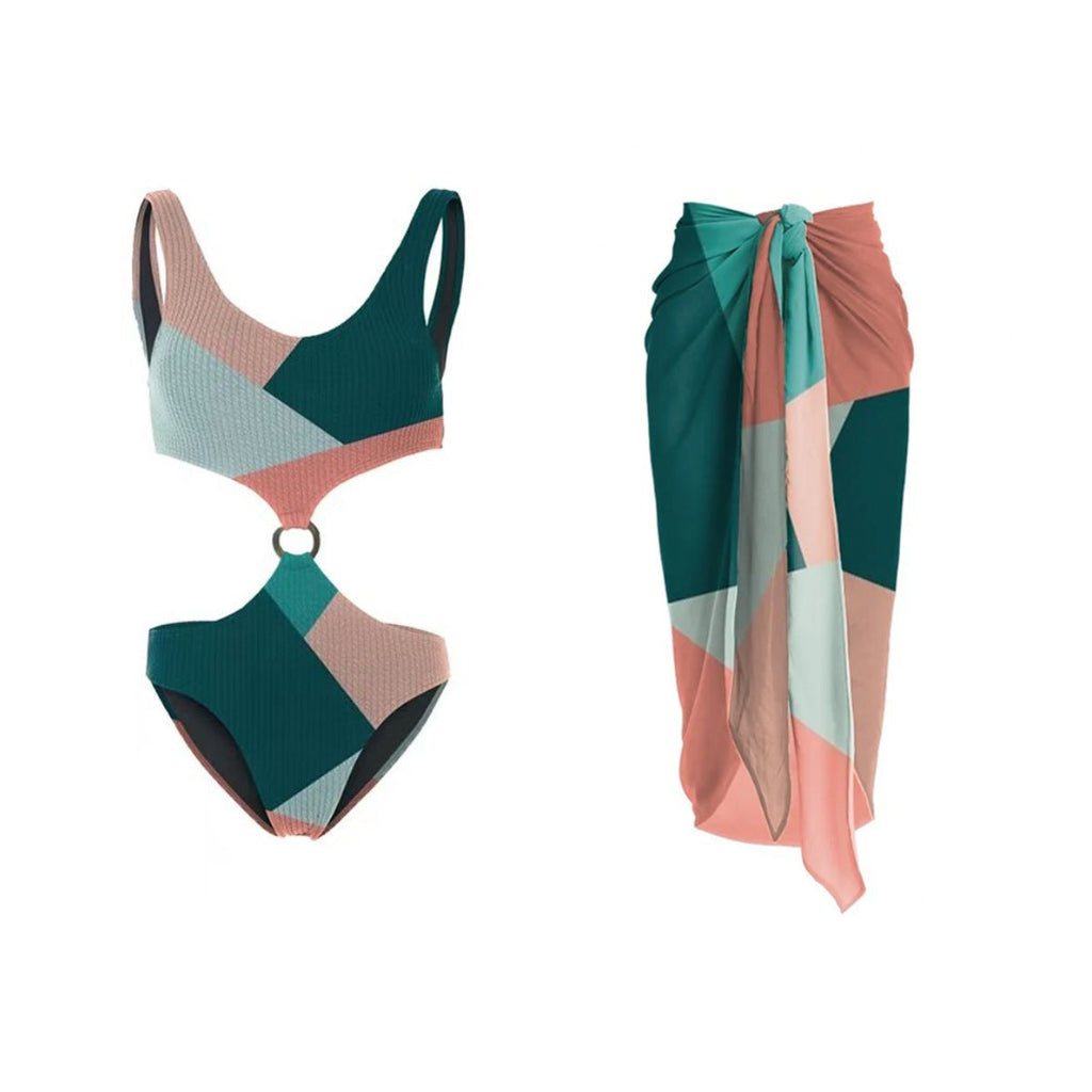Maillot de Bain Une Pièce Contraste Bikini Deux Pièces Jupe en Gaze Tissée Wishi Maillot de Bain de Vacances