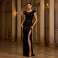 Robe de soirée moulante sans manches à col rond fendue pour femme