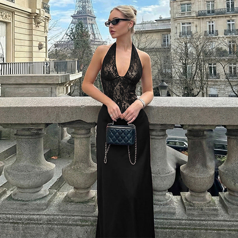 Damenbekleidung Winter Ausgehöhltes Rückenfreies Spitzen-Patchwork Taillenbetonendes Tiefer V-Ausschnitt Sexy Neckholder-Kleid