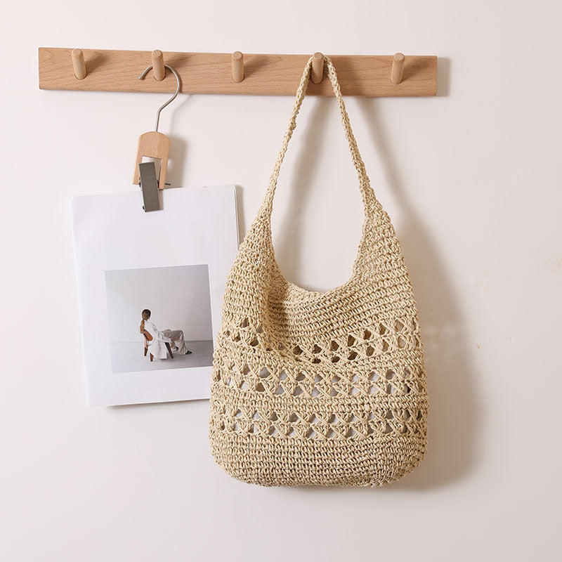 Grand sac de paille creux à bandoulière, sac fourre-tout en paille tressé, sac de plage de vacances au bord de la mer pour femme
