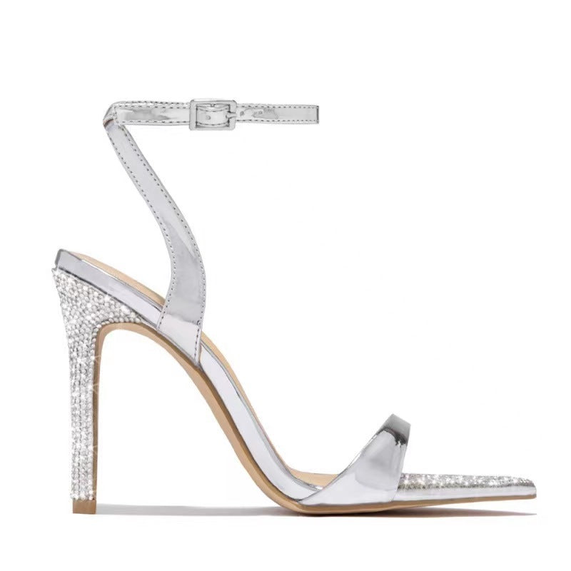 Sandales à talons hauts avec boucle, strass, bout ouvert, découpes et bout pointu pour femmes