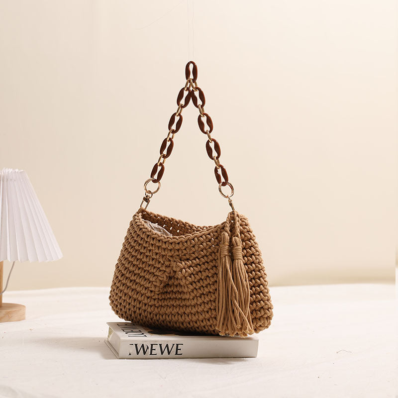 Sac en coton tressé sous les bras avec pompon, sac de plage de vacances en paille, sac à main de créateur pour femme