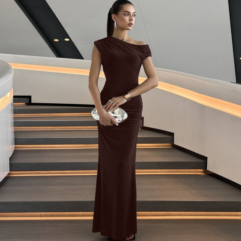 Robe Femme Été Plissée Taille Cintrée Épaules Évidées Découpe Sexy Couleur Unie