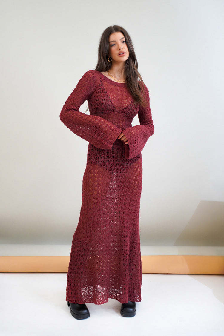 Sexy rückenfreies Strickkleid mit hohlen Cut-Outs, durchsichtigem Fischnetz, langen Ärmeln, Sommer-Sonnenschutz, Strandkleid für Damen
