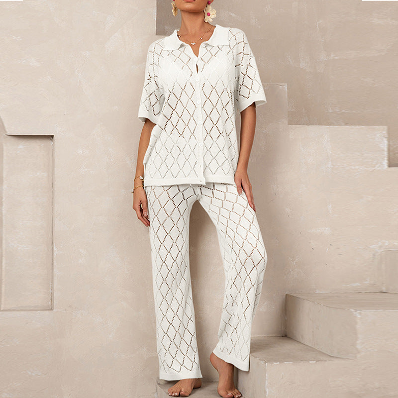 Strand Kurzarm Hemd Hose Aushöhlung Ausschnitt Durchsichtig Lässige Strick Urlaub Elegante Sonnenschutz Bluse Zweiteilige Sets