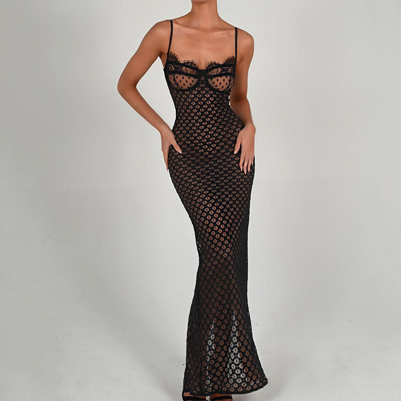 Robe Sexy d'Automne à Bretelles Serrée, Dentelle Dos Nu, Fente et Pois