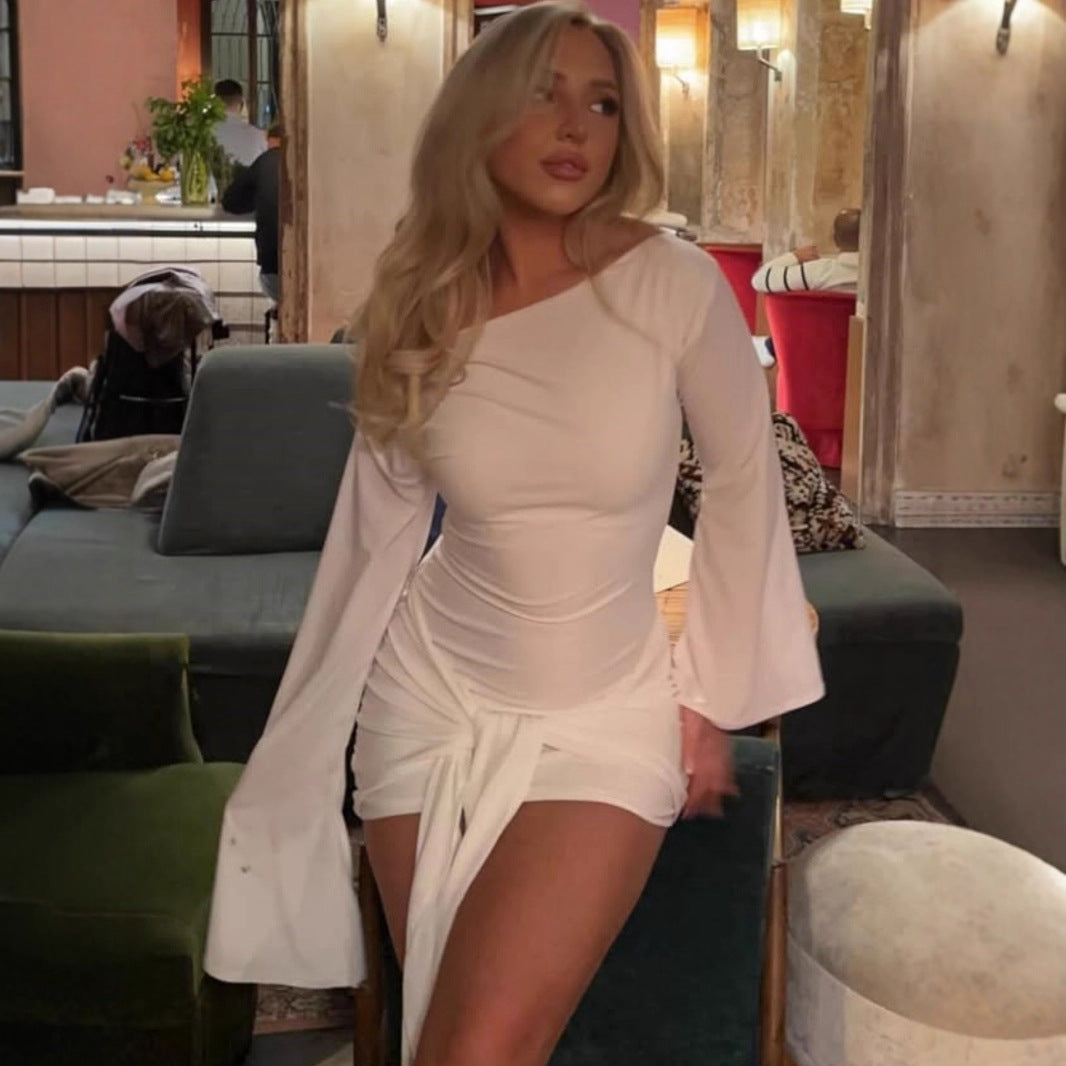 Robe fourreau femme automne-hiver élégante et tendance de couleur unie avec contrôle de la taille et laçage