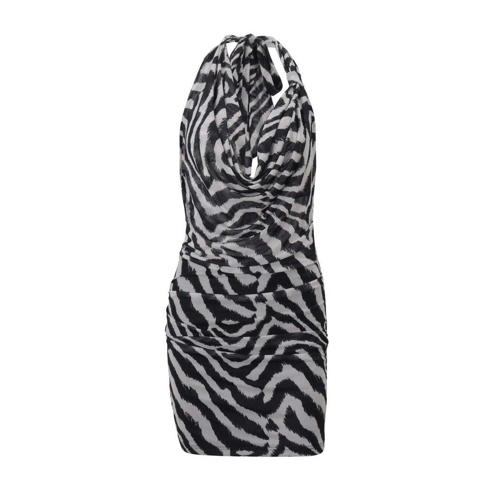 Damenbekleidung Herbst Sexy Neckholder Swing-Kragen Persönlichkeit Zebra-Muster Sexy Hüfttasche Kleid Damen