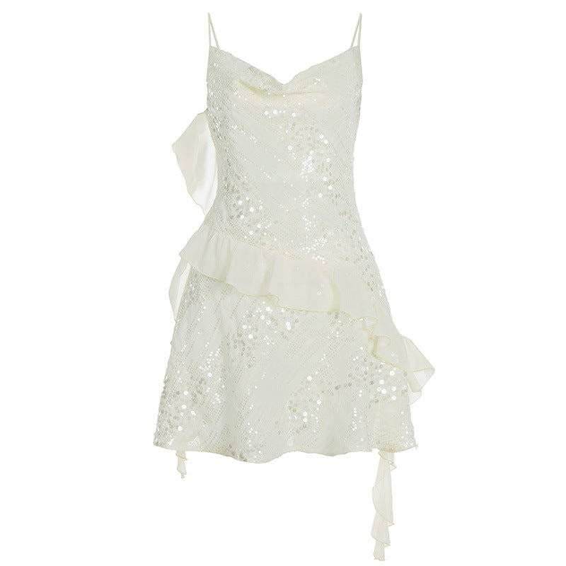 Elegantes Party Sexy Besonderes Pailletten-Swing-Kleid mit unregelmäßigem asymmetrischem Saum und Faltenrock, kurz, für Damen