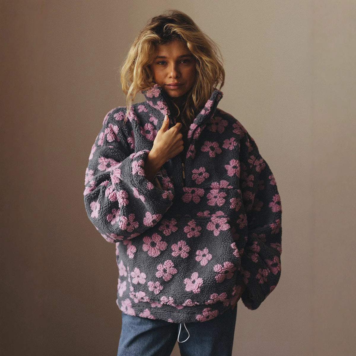 Pull en polaire fleurie pour femme - Hiver chaud - Polaire duveteuse