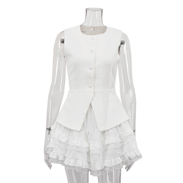 Ensemble deux pièces jupe bulle taille haute et haut gilet sans manches pour femme, tenue décontractée de qualité supérieure