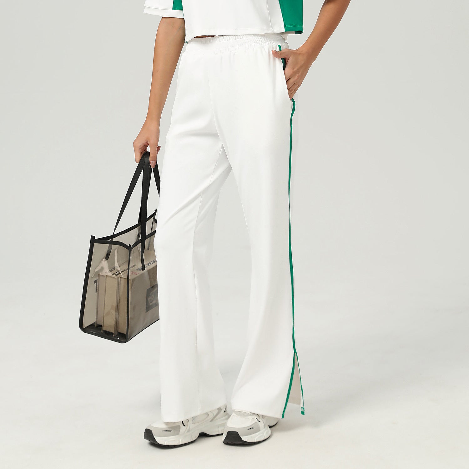 Pantalon de sport ample taille haute, coupe large, poches, décontracté, droit, à porter à l'extérieur, pantalon de yoga évasé bicolore.