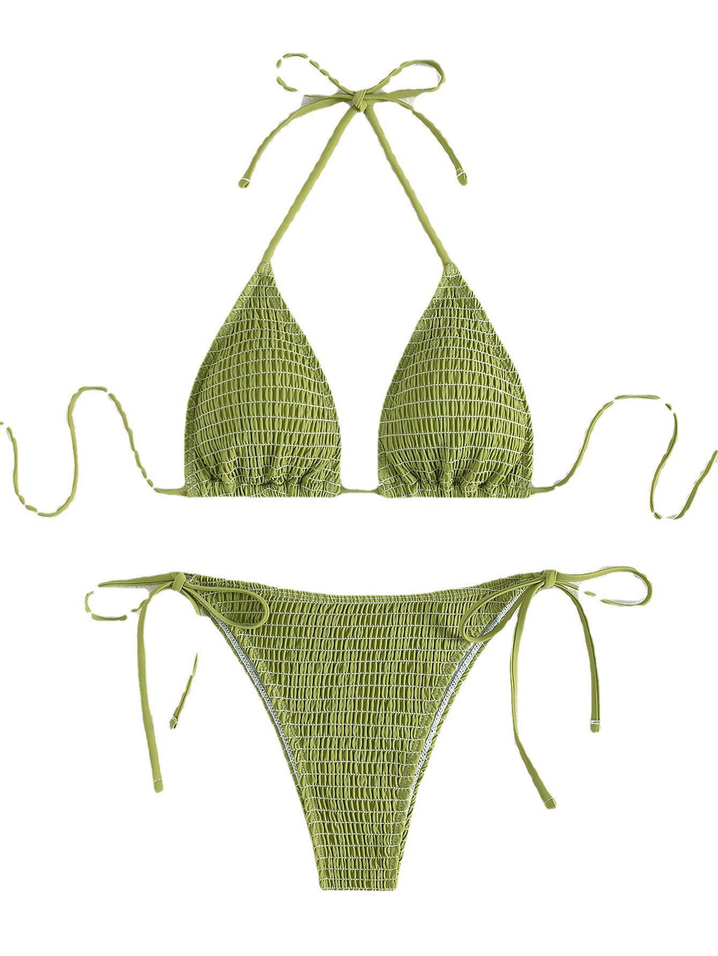 Einfarbiges, sexy, plissiertes Triangle Bikini-Set mit seitlicher Schnürung für den Strand