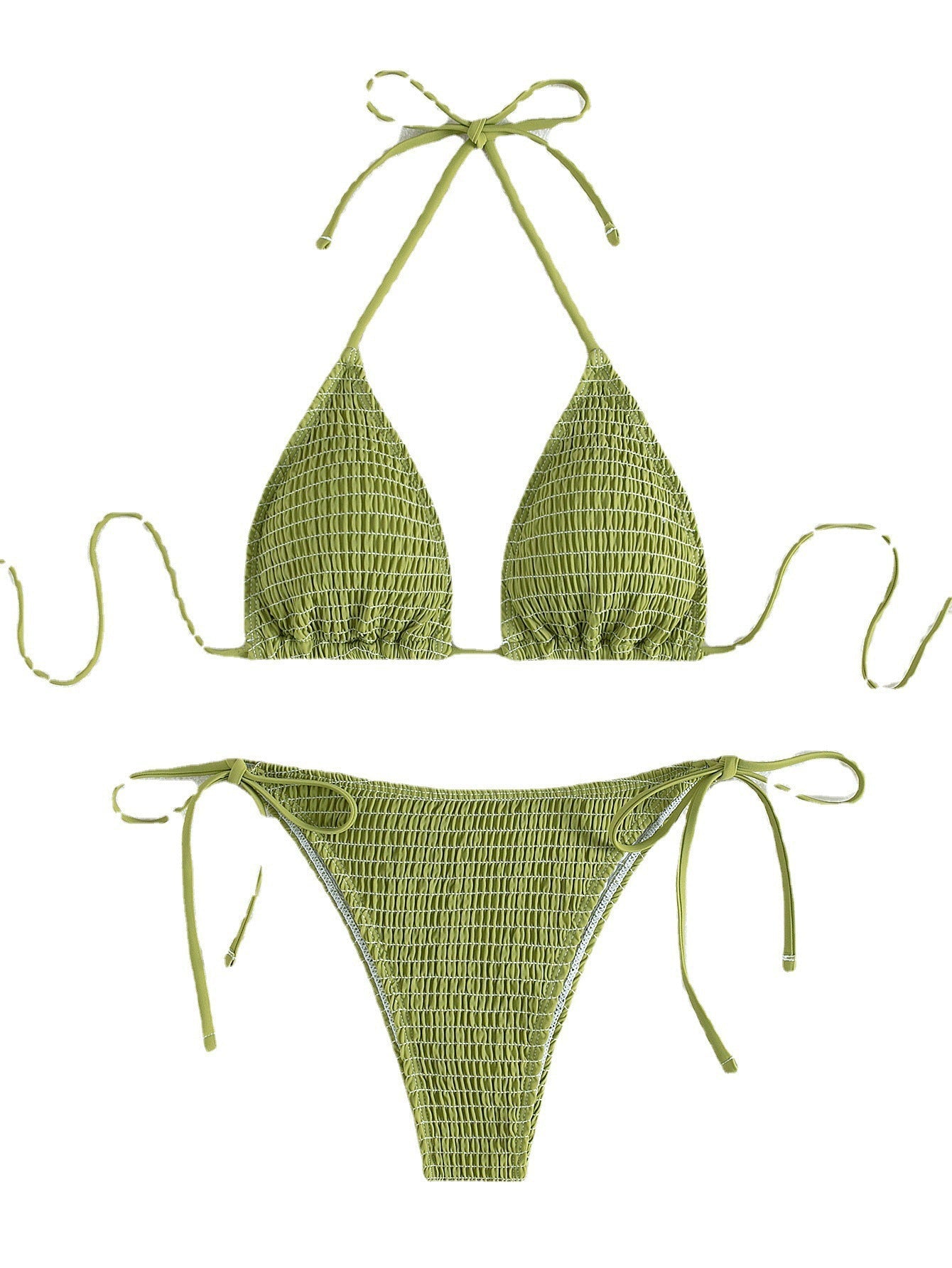 Einfarbiges, sexy, plissiertes Triangle Bikini-Set mit seitlicher Schnürung für den Strand