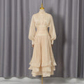 Robe longue printemps élégante rétro à manches lanternes boutonnée à volants et taille ajustée