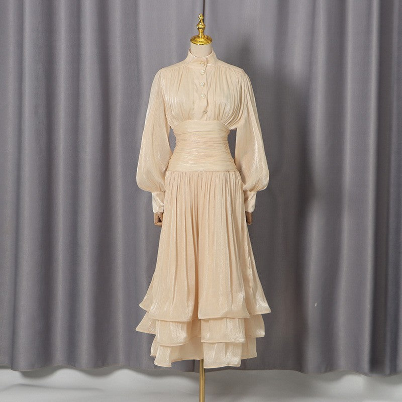 Robe longue printemps élégante rétro à manches lanternes boutonnée à volants et taille ajustée
