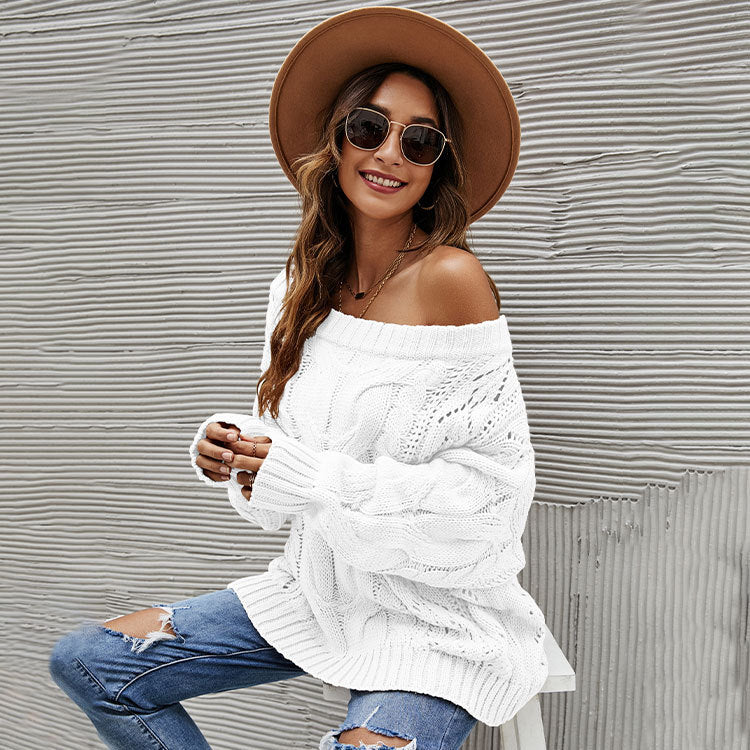 Herbst Winter schulterfreier Oversize-Pullover, schulterfreier einfarbiger Strickpullover Damen