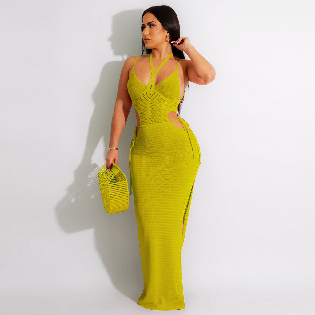 Sexy Damenbekleidung Damen Neckholder Crop Top Spaghetti-Träger Strickkleid Rückenfreies Strand-Strickkleid