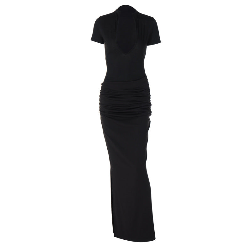 Winter Damenbekleidung Sexy tiefer V-Ausschnitt Kurzarm Unifarben Sexy Plissiertes Maxikleid