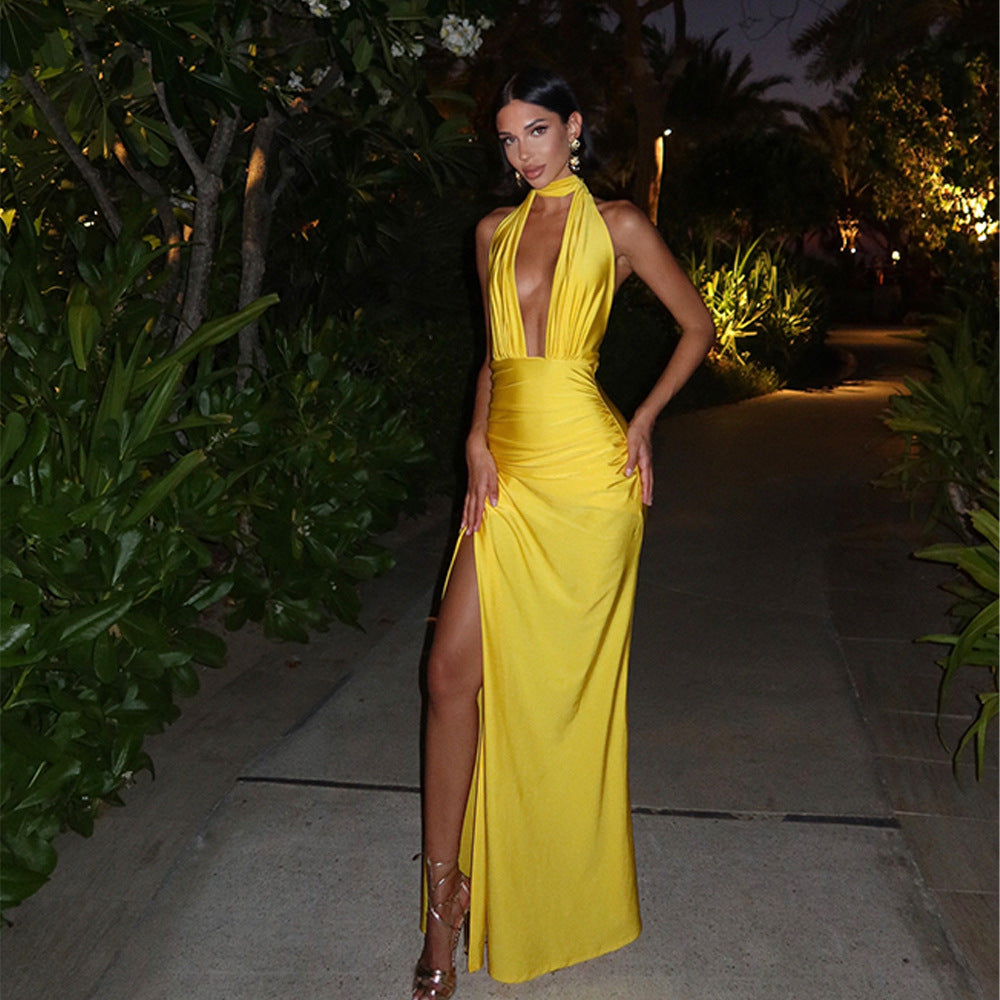 Sommer sexy V-Ausschnitt Neckholder rückenfreies Kleid einfarbiges Kleid mit Schlitz