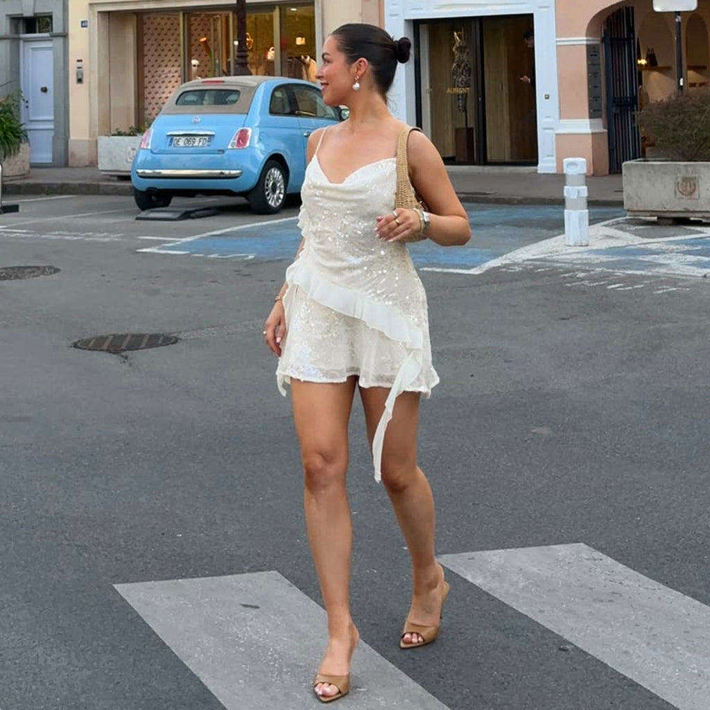 Elegantes Party Sexy Besonderes Pailletten-Swing-Kleid mit unregelmäßigem asymmetrischem Saum und Faltenrock, kurz, für Damen