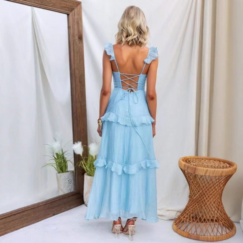 Damen Sommerkleid, einfarbig, elegant, anmutig, mit Rüschen