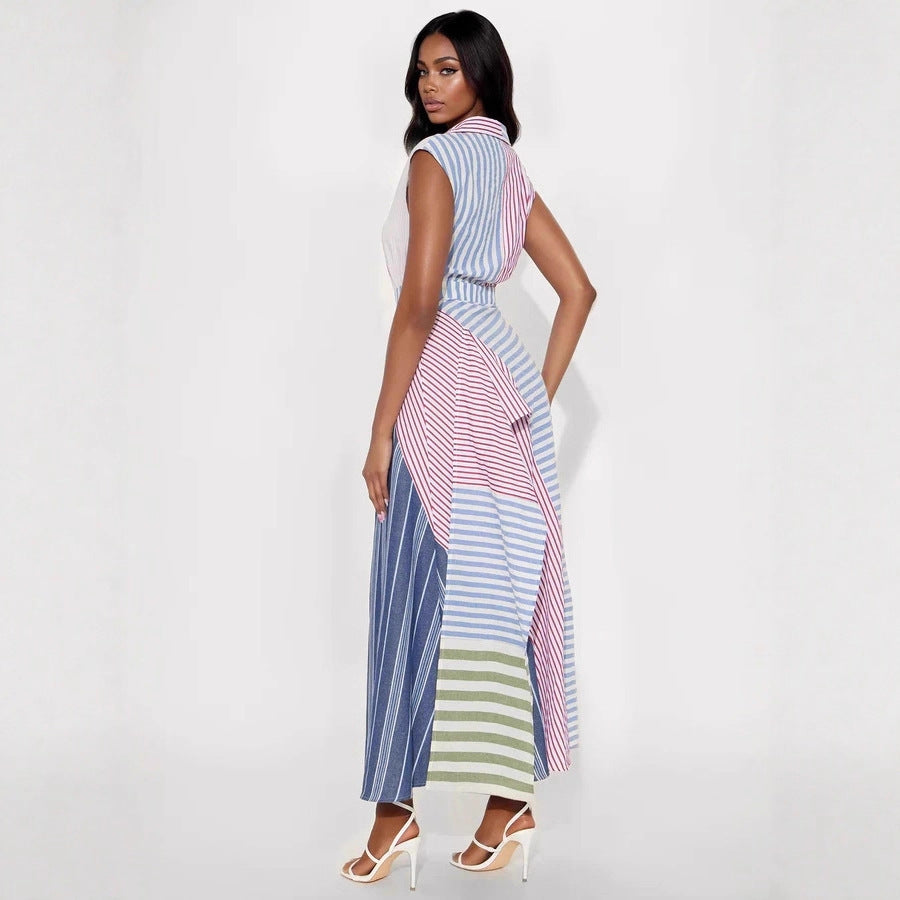 Damenkleidung Cooles Kleid mit Streifen, V-Ausschnitt, unregelmäßigem, asymmetrischem, tailliertem A-Linien-Kleid in Kontrastfarben