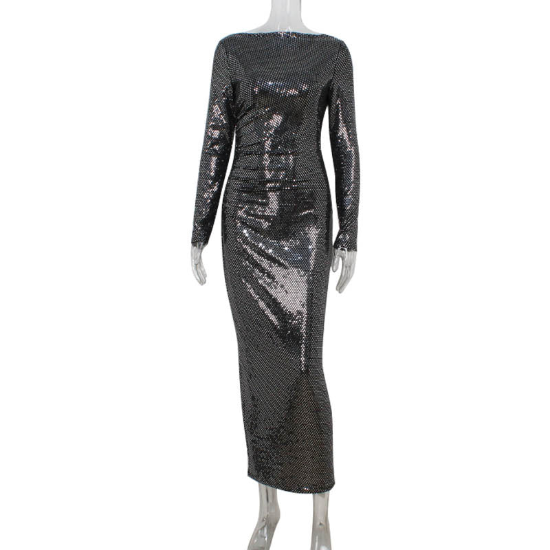 Damen Pailletten Design Slim Fit Anmutiges Enges Sexy Langarm Enges Kleid Damen