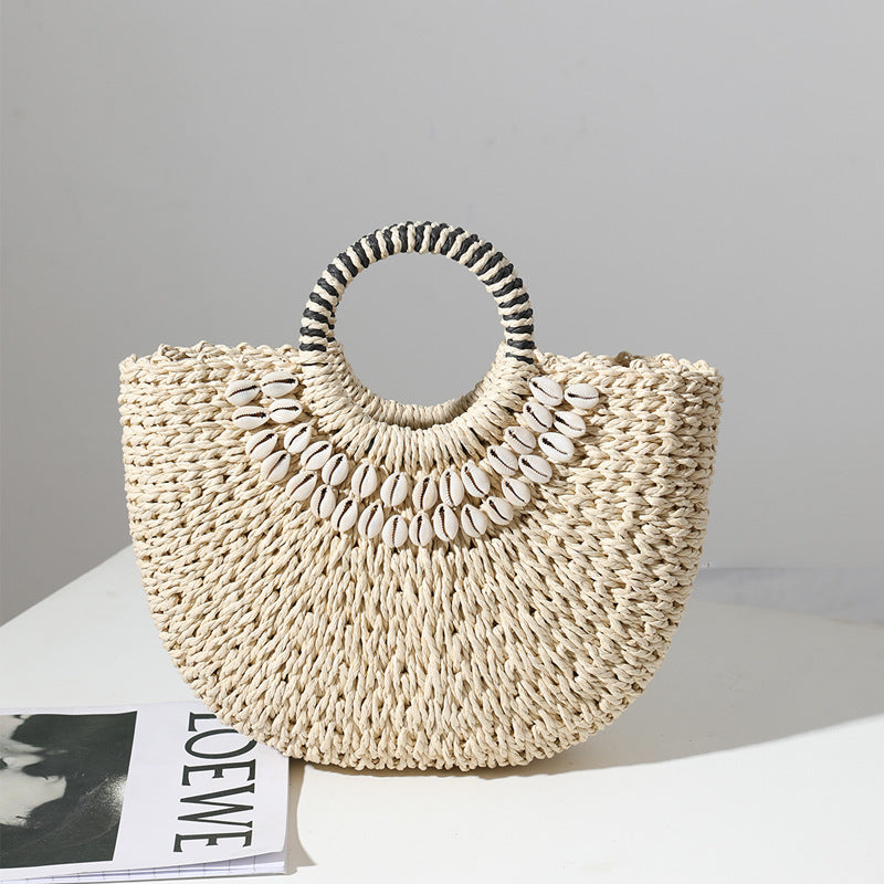 Retro Strohtasche Tragbare Halbkreis-Muschel Handgemachte Strohtasche Gewebte Tasche Damen Urlaub Strandtasche