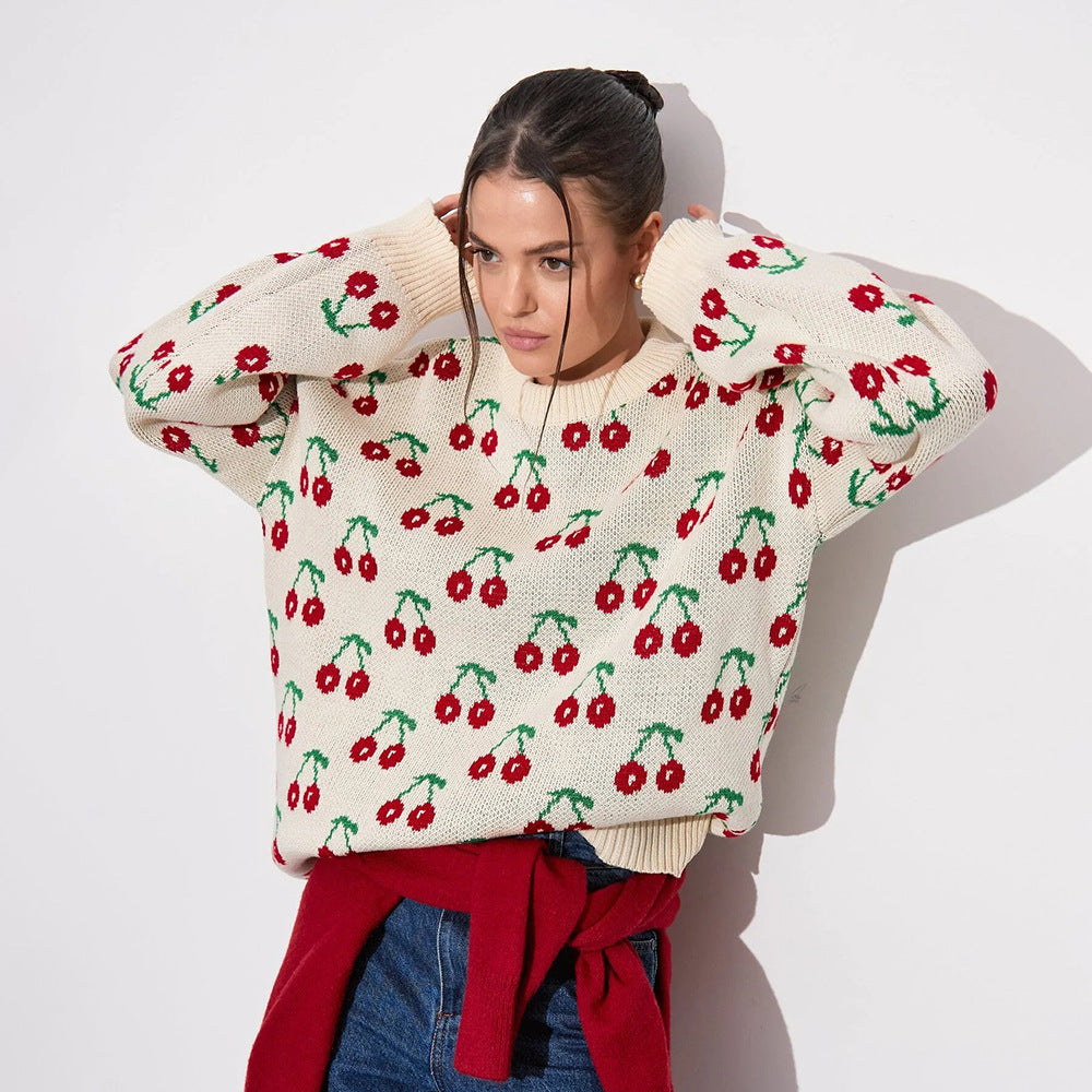 Pull imprimé cerises décontracté en tricot lâche, pull doux cerise automne hiver