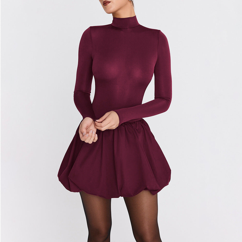 Elegantes, figurbetontes Damenkleid, sexy Rollkragen, langärmelig, tailliert, plissiertes A-Linien-Kleid