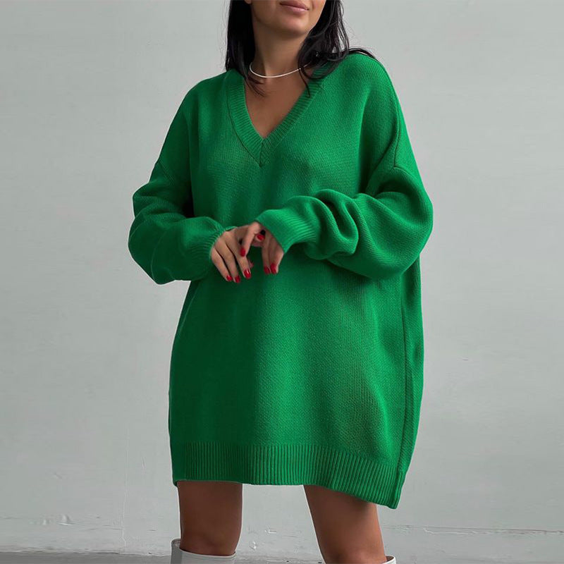 Herbst Winter Langarm V-Ausschnitt Lässiger Locker Gestrickter Pullover Langes Strickkleid Strickwaren Für Damen