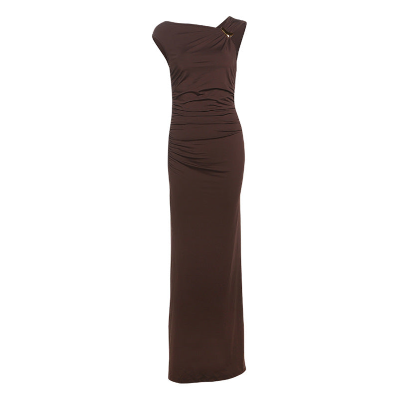 Frühjahr Sommer Damen Sexy One-Shoulder-Kleid mit hoher Taille, figurschmeichelnd, Etuikleid, Unifarben
