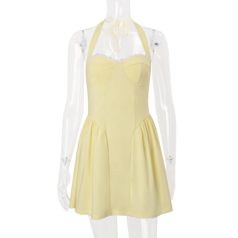 Robe d'été élégante et sexy pour femme, col carré, dos nu, couleur unie, taille halter.