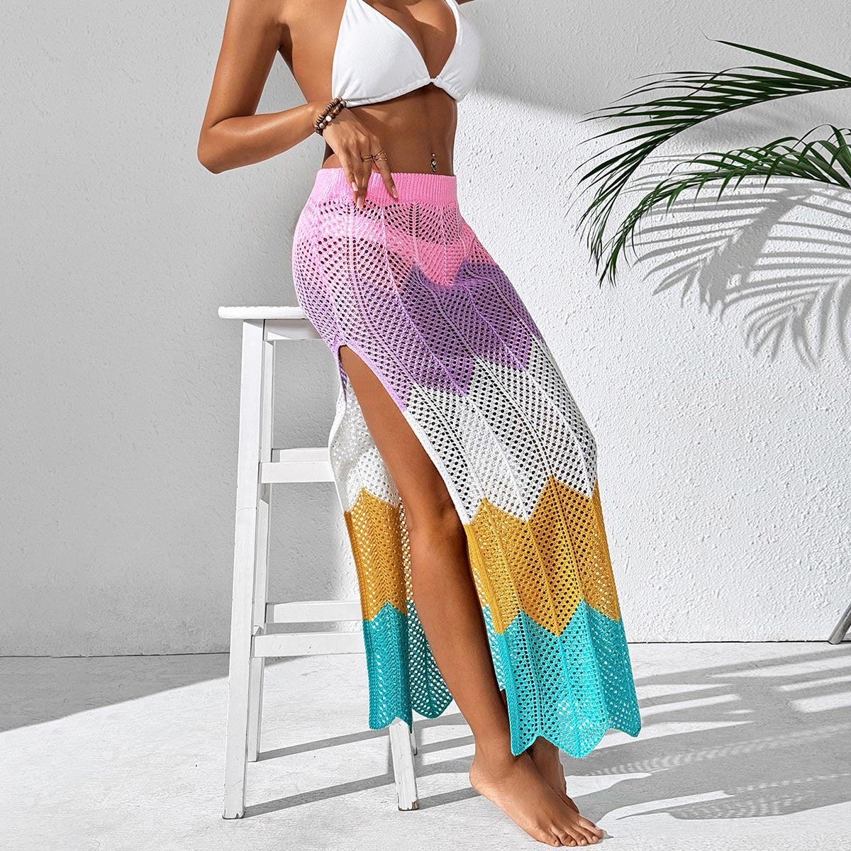 Robe de plage pour femme Vêtements pour femme Contraste de couleurs Patchwork Motif vagues Jupe sexy fendue