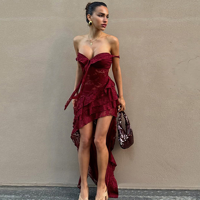 Robe bustier asymétrique sexy en dentelle ajourée et transparente à taille nouée pour femme