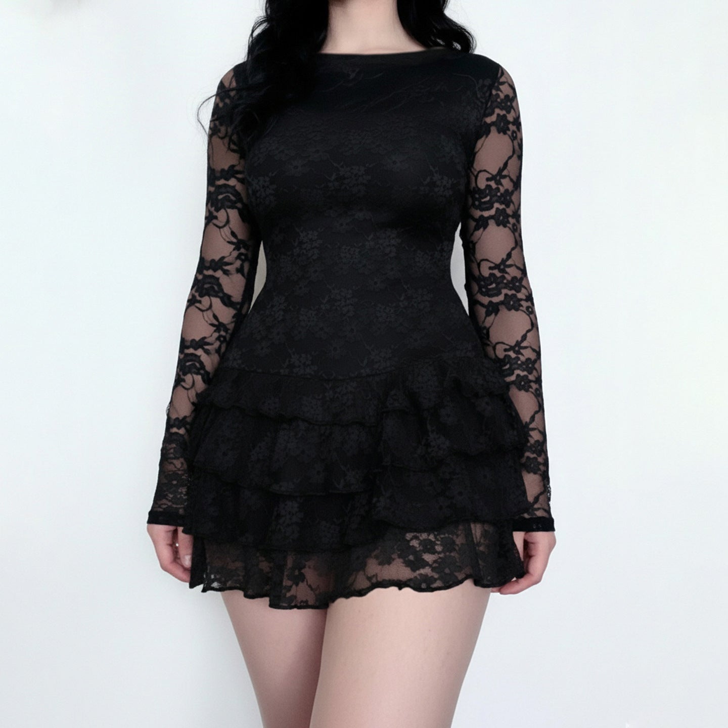 Robe Femme Sexy et Serre, Manches Longues, Transparente en Dentelle, Couches, Col Rond, Taille Ajustée, Coupe Trapèze