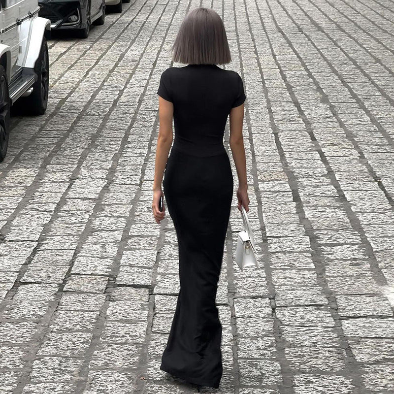 Winter Damenbekleidung Sexy tiefer V-Ausschnitt Kurzarm Unifarben Sexy Plissiertes Maxikleid