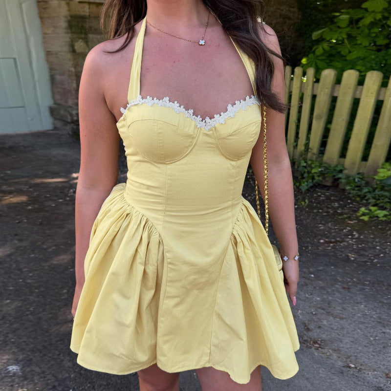 Robe d'été élégante et sexy pour femme, col carré, dos nu, couleur unie, taille halter.