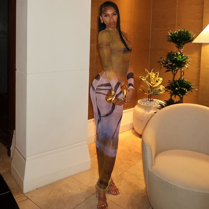 Robe longue ajustée pour femme, col roulé, manches longues, légèrement transparente, imprimée et avec coutures, style rétro.