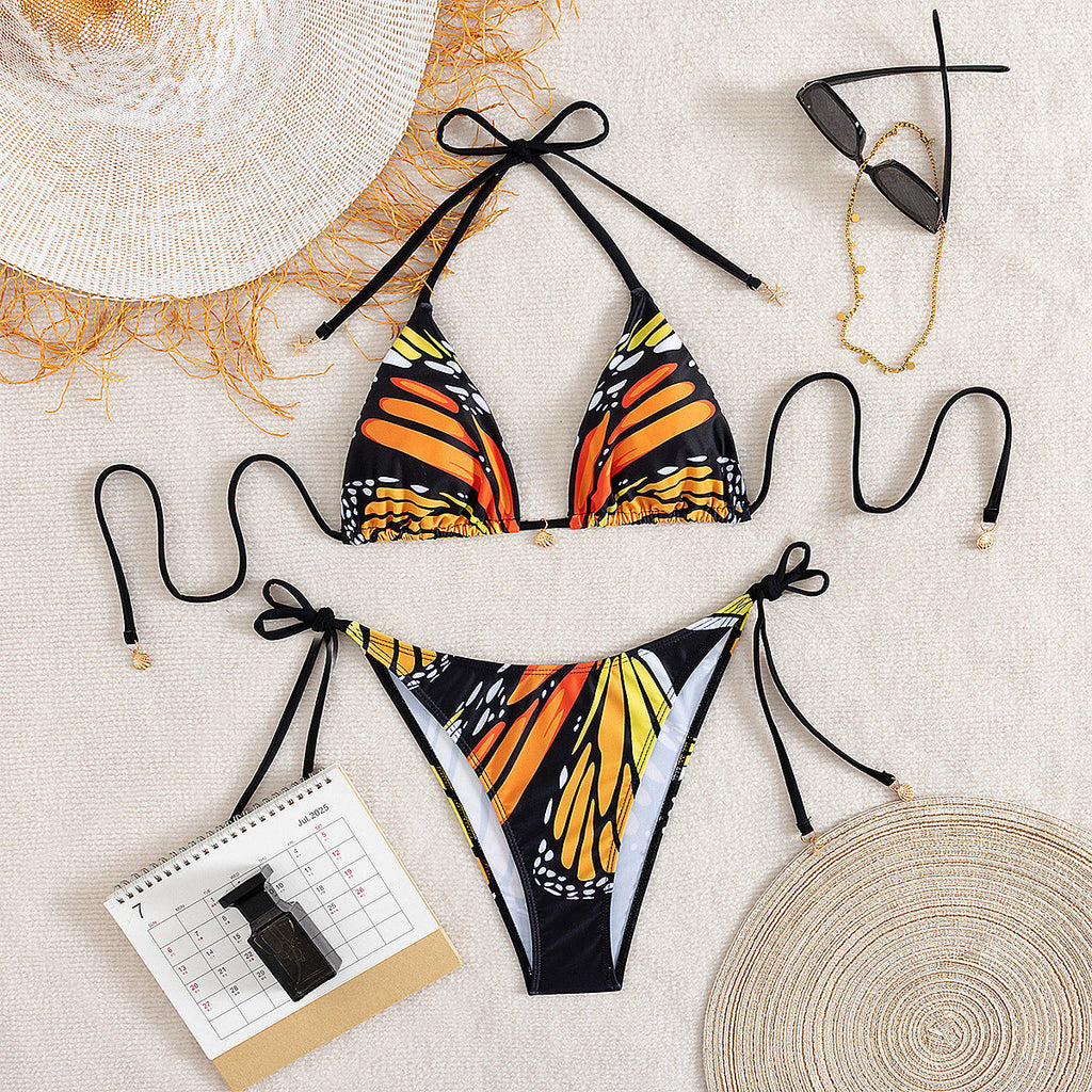 Maillot de bain bikini pour femme sexy papillon imprimé licou à lacets