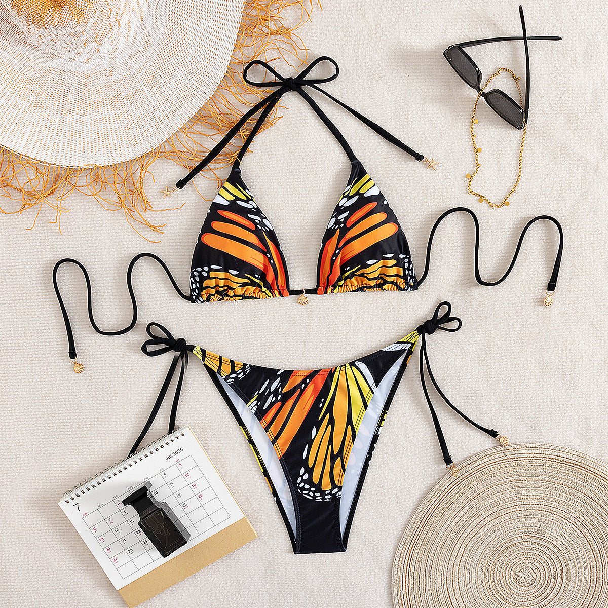 Maillot de bain bikini pour femme sexy papillon imprimé licou à lacets