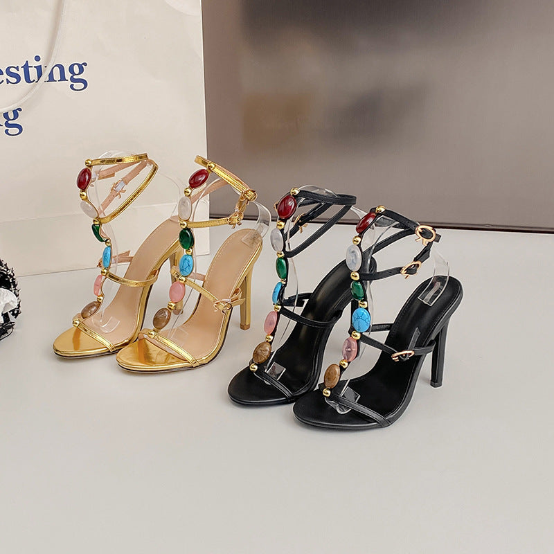Sommer 11cm Stiletto-Absätze Perlen Offene Zehen Knöchelriemen Schnalle Sandalen Damen Sexy