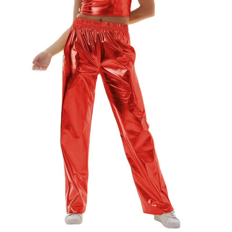 Metallisch beschichtete Stoff Freizeithose Damen High Street Design Aurora Laser Gradient Hohe Taille Gerade Hose All Matching Elastische Mop-Hose
