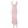 Robe d'été sexy en satin avec col en V et bretelles en dentelle, sans manches, à nouer soi-même pour femme