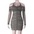 Herbst Winter Abendkleid Sexy Neckholder-Trägerloses Mesh-dünnes Glitzerndes Hüftkleid
