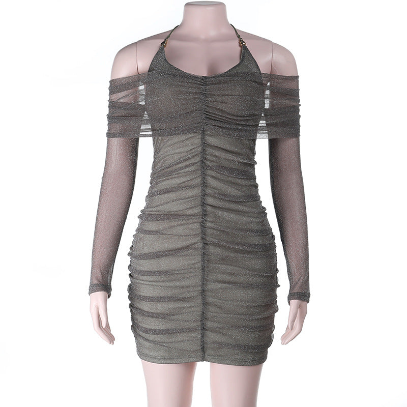 Herbst Winter Abendkleid Sexy Neckholder-Trägerloses Mesh-dünnes Glitzerndes Hüftkleid