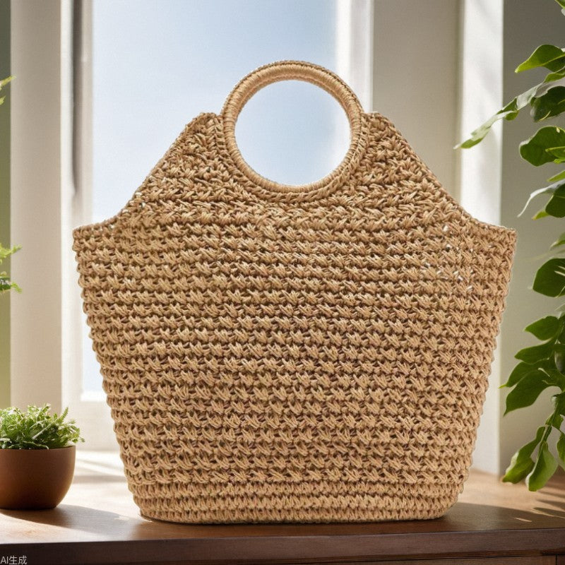 Handgemachte Strohtasche Ring Handtragekorb Große Kapazität Korbtasche Gewebte Tasche Urlaub Strandtasche Damentasche