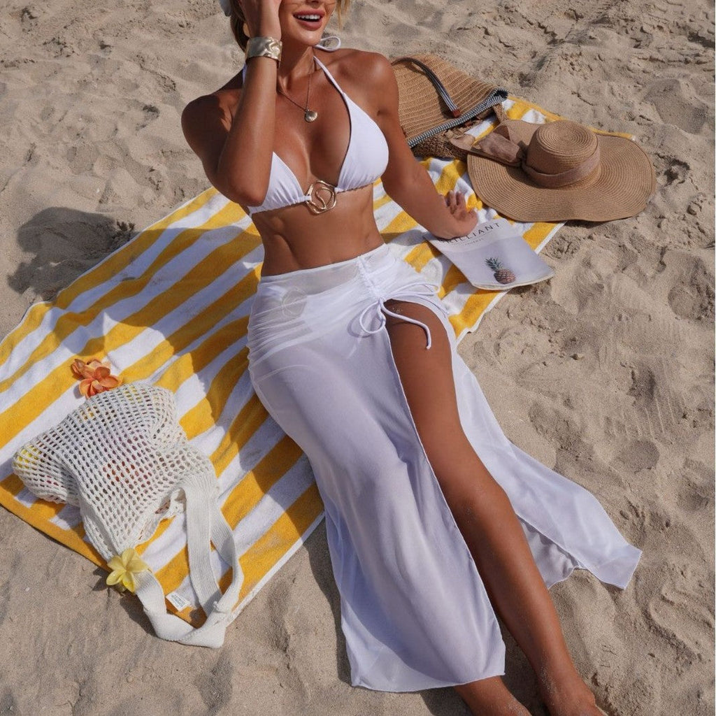 Einfarbiges Strand-Sonnenschutz-Tüllrock-Set, sexy dreiteiliges Bikini-Split-Badeanzug